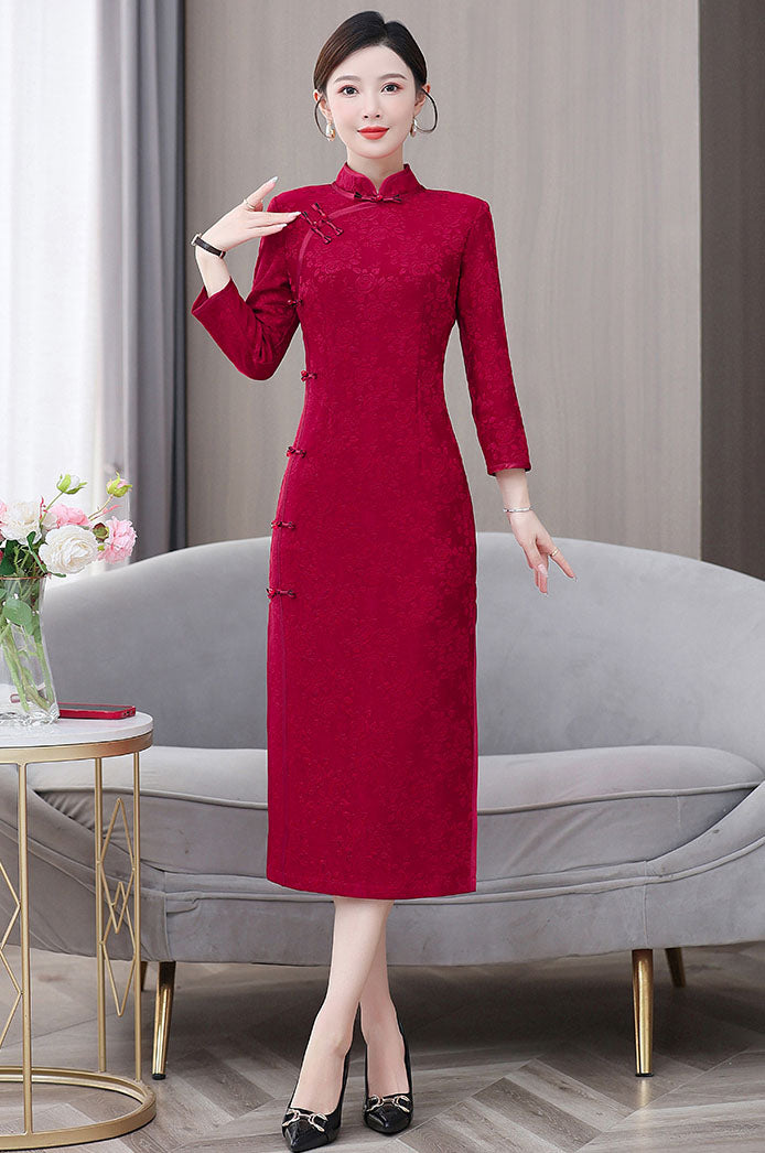 Retro Long Sleeves Red Cheongsam Banquet Dress