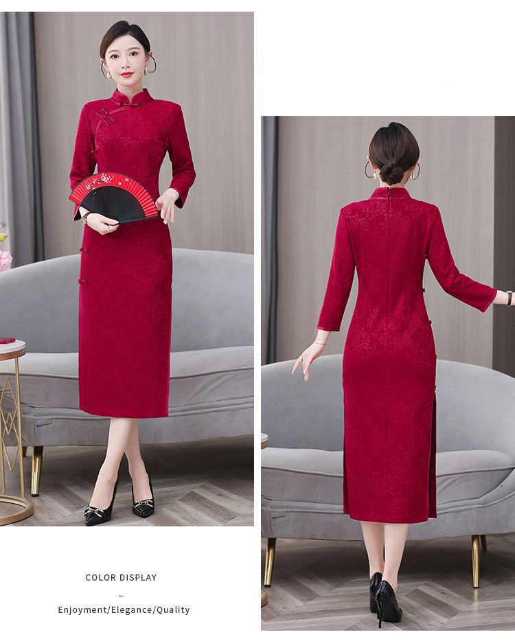 Retro Long Sleeves Red Cheongsam Banquet Dress