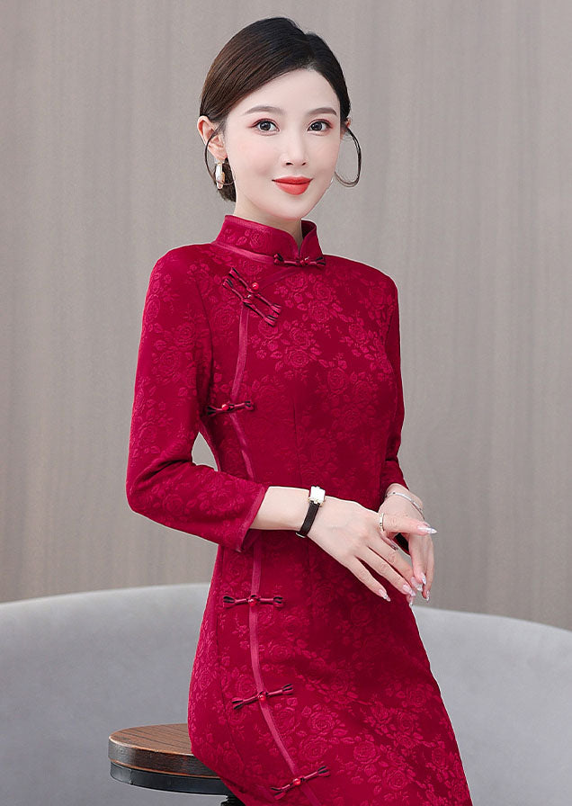 Retro Long Sleeves Red Cheongsam Banquet Dress