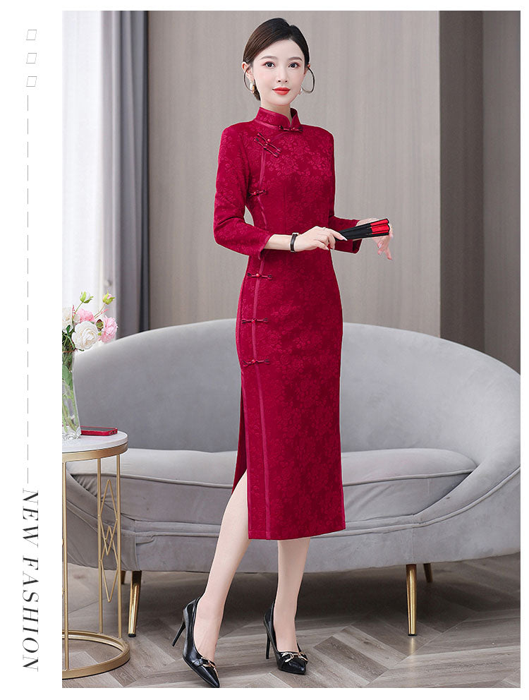 Retro Long Sleeves Red Cheongsam Banquet Dress