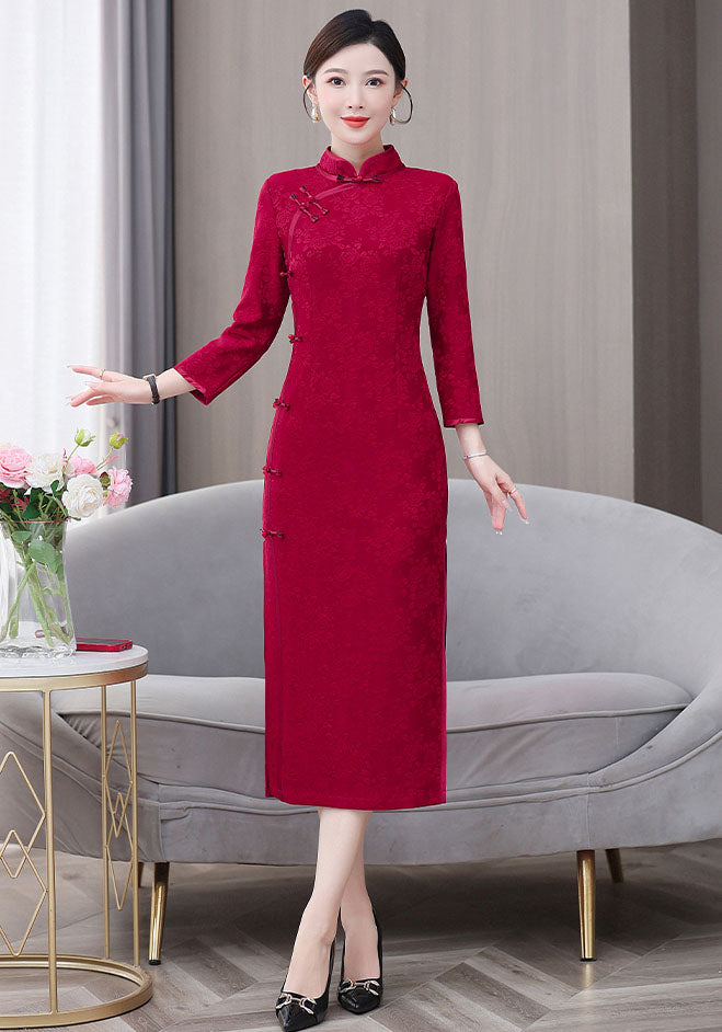 Retro Long Sleeves Red Cheongsam Banquet Dress