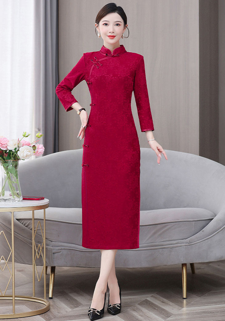 Retro Long Sleeves Red Cheongsam Banquet Dress