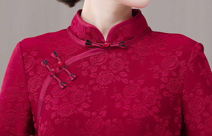 Retro Long Sleeves Red Cheongsam Banquet Dress
