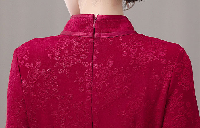 Retro Long Sleeves Red Cheongsam Banquet Dress