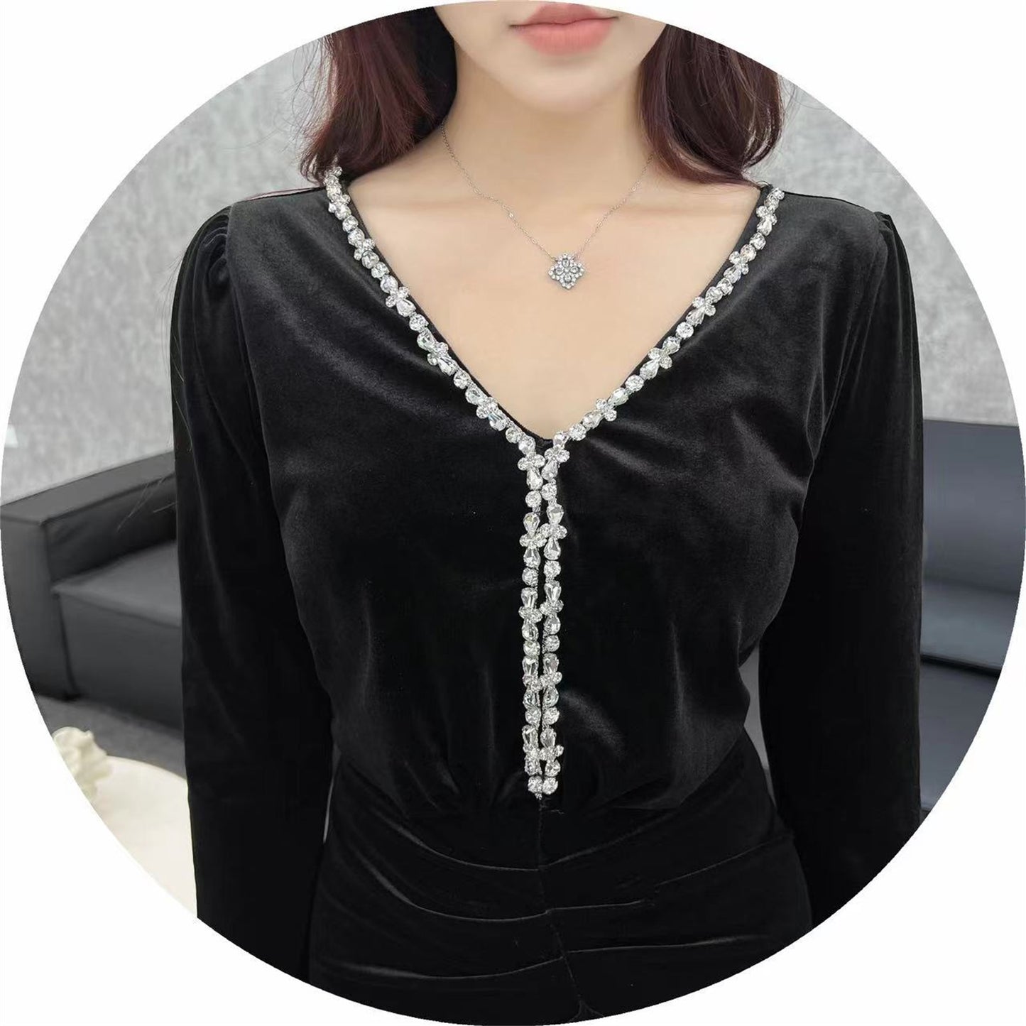 Gold Velvet Long-sleeved Decorated Dress