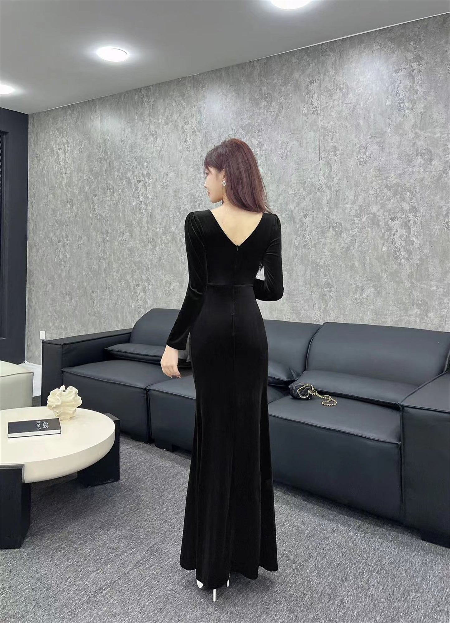 Gold Velvet Long-sleeved Decorated Dress