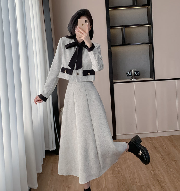 Bow Short Jacket + A-line Skirt Two Pieces Set