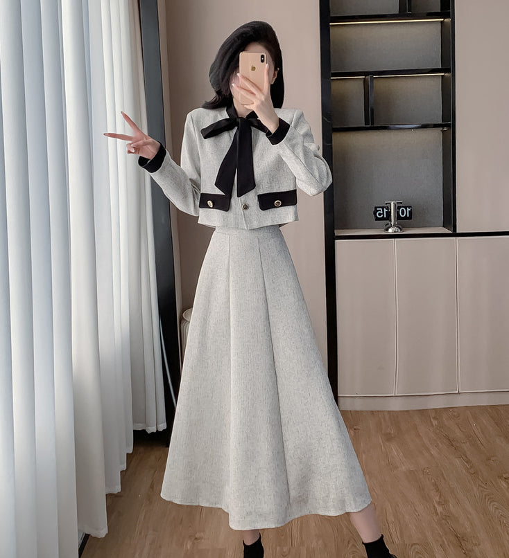 Bow Short Jacket + A-line Skirt Two Pieces Set