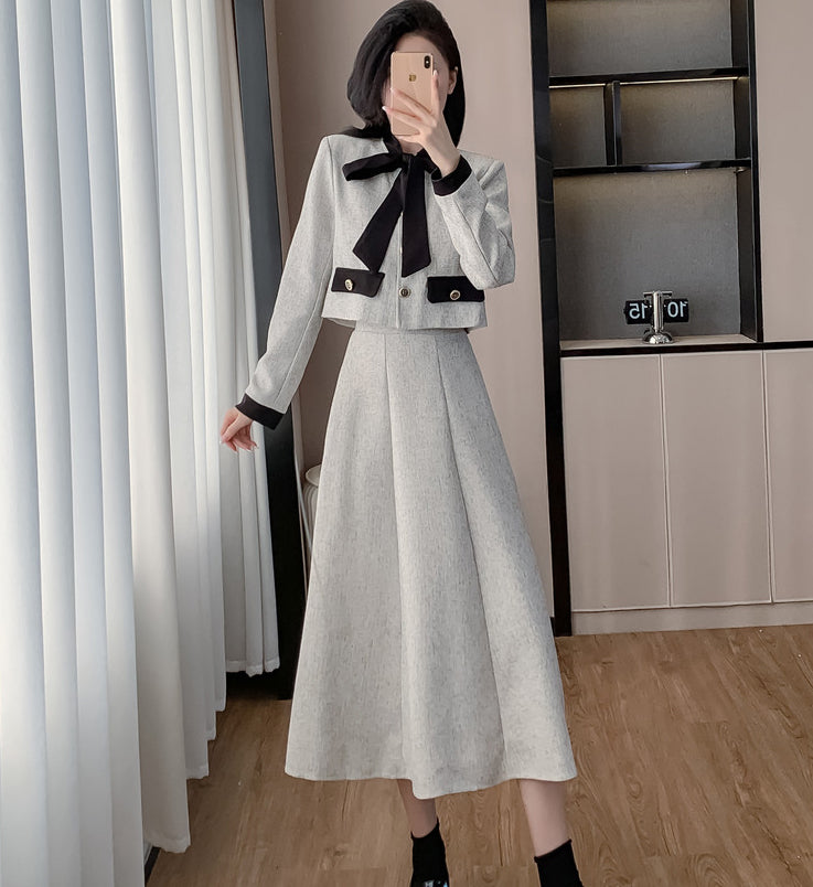 Bow Short Jacket + A-line Skirt Two Pieces Set
