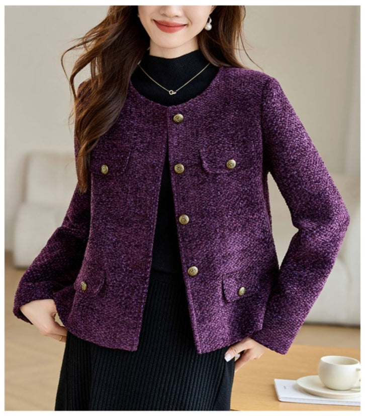 Round Neck Cotton Tweed Women's Jacket