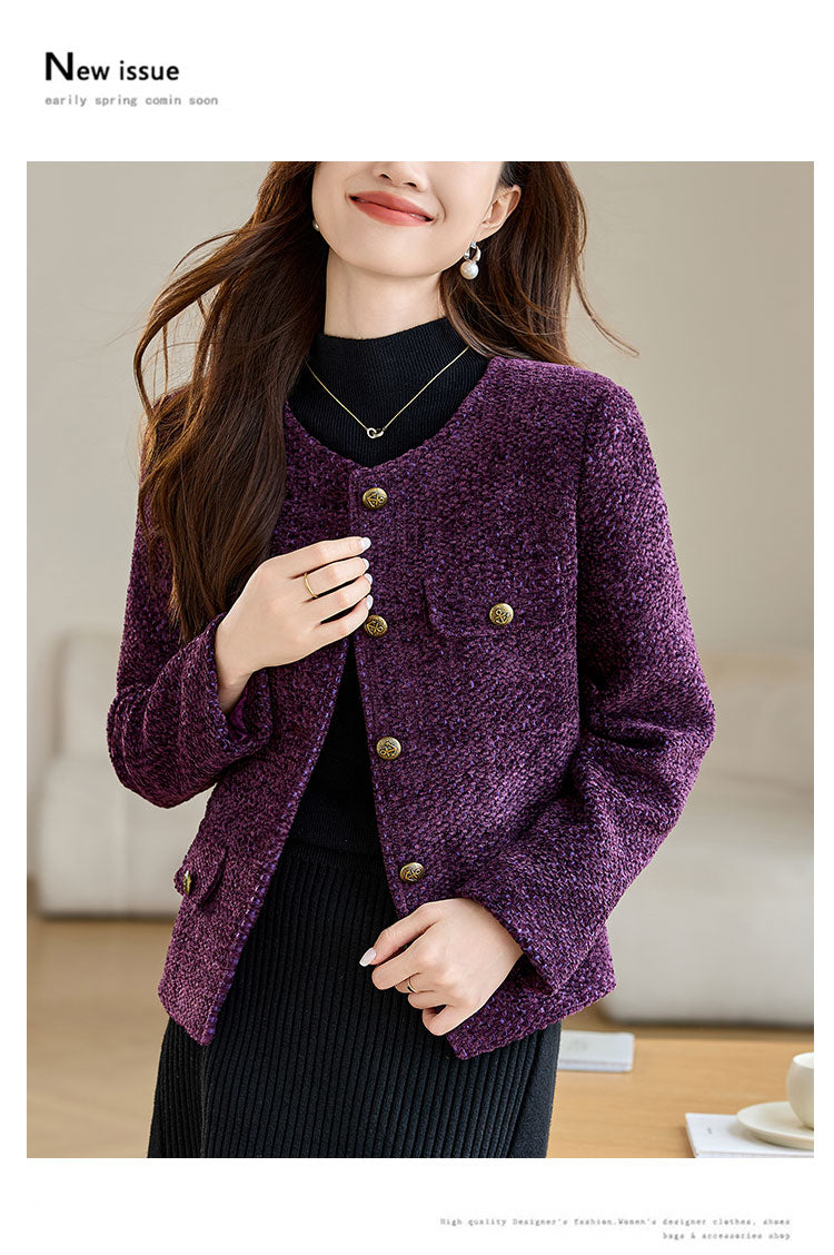 Round Neck Cotton Tweed Women's Jacket