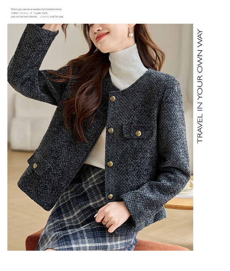 Round Neck Cotton Tweed Women's Jacket