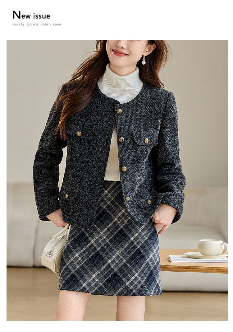 Round Neck Cotton Tweed Women's Jacket