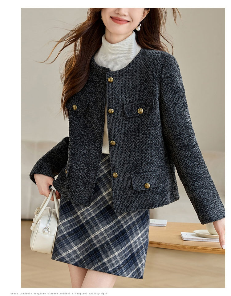 Round Neck Cotton Tweed Women's Jacket
