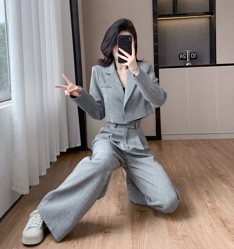 Gray Short Jacket + Wide Leg Pants Two Pieces Set