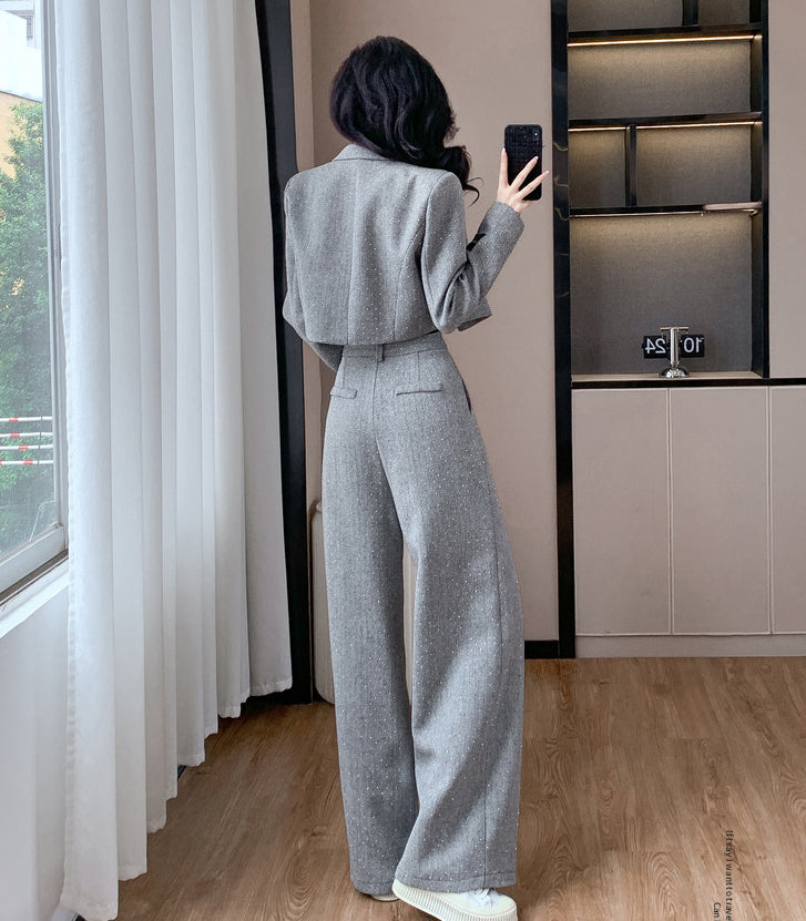Gray Short Jacket + Wide Leg Pants Two Pieces Set