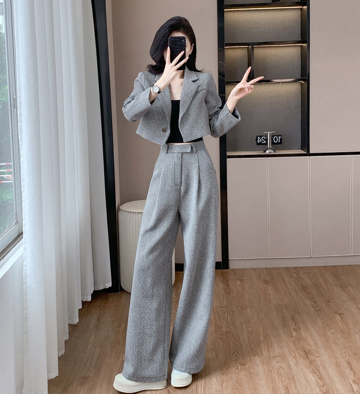 Gray Short Jacket + Wide Leg Pants Two Pieces Set
