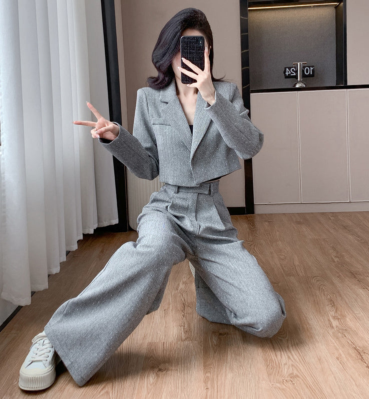 Gray Short Jacket + Wide Leg Pants Two Pieces Set