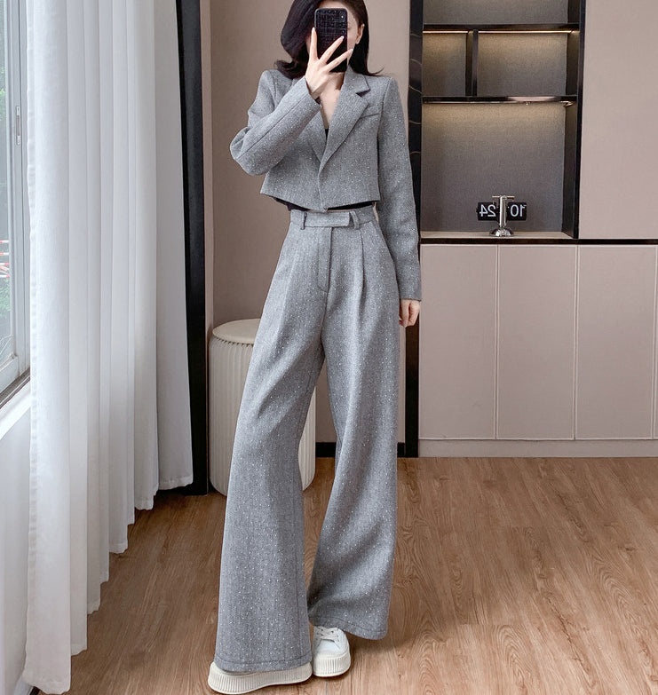 Gray Short Jacket + Wide Leg Pants Two Pieces Set