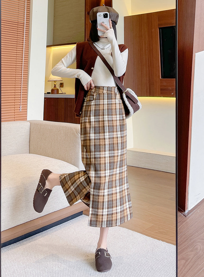 Plaid High Waist Fishtail Skirt