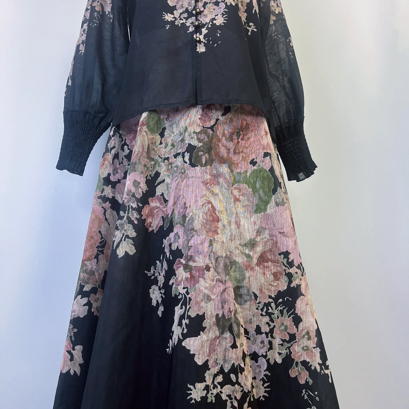 Coral Printed Shirt + High Waist Skirt Two-piece Set
