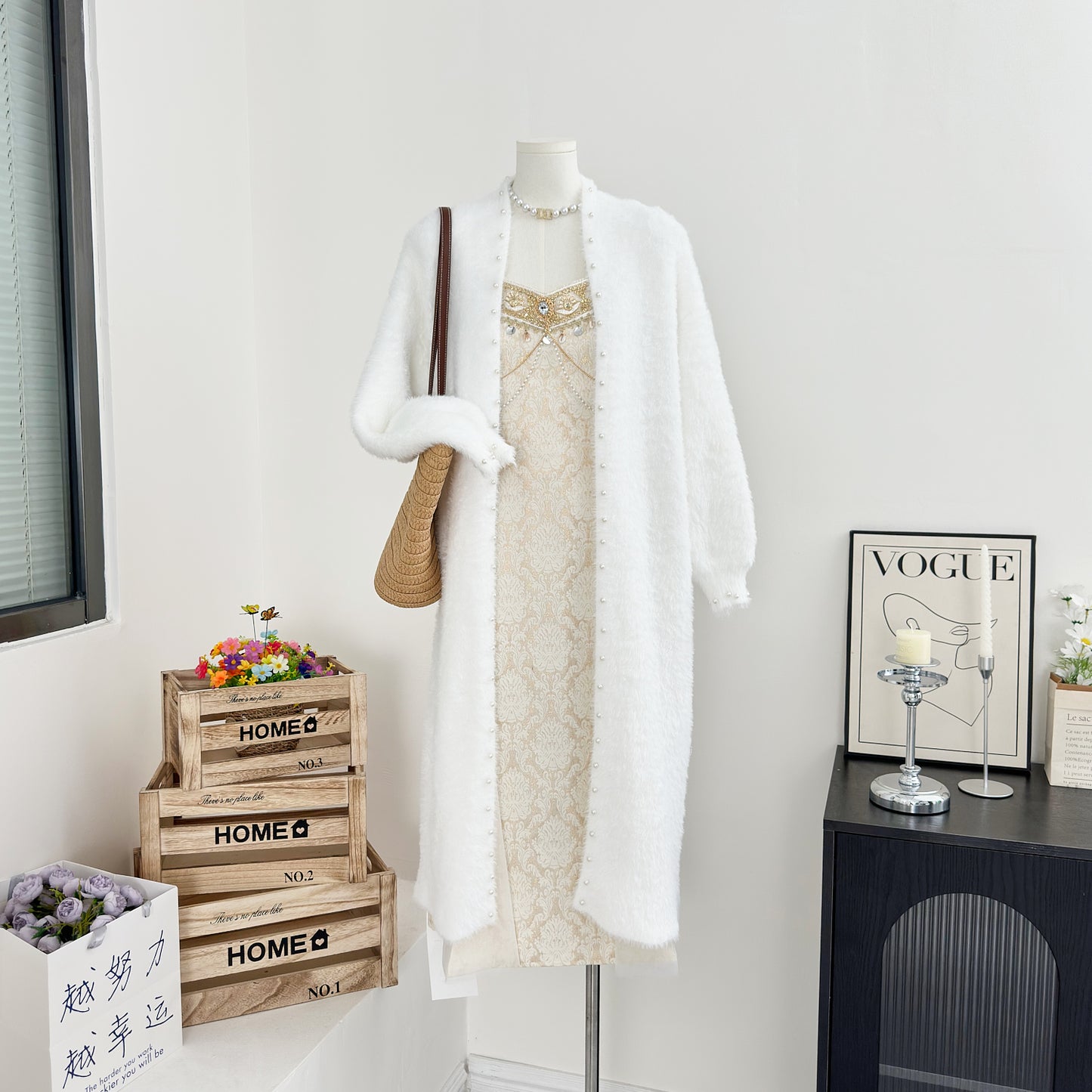 White Cardigan + Spaghetti Beaded Elegant Dress