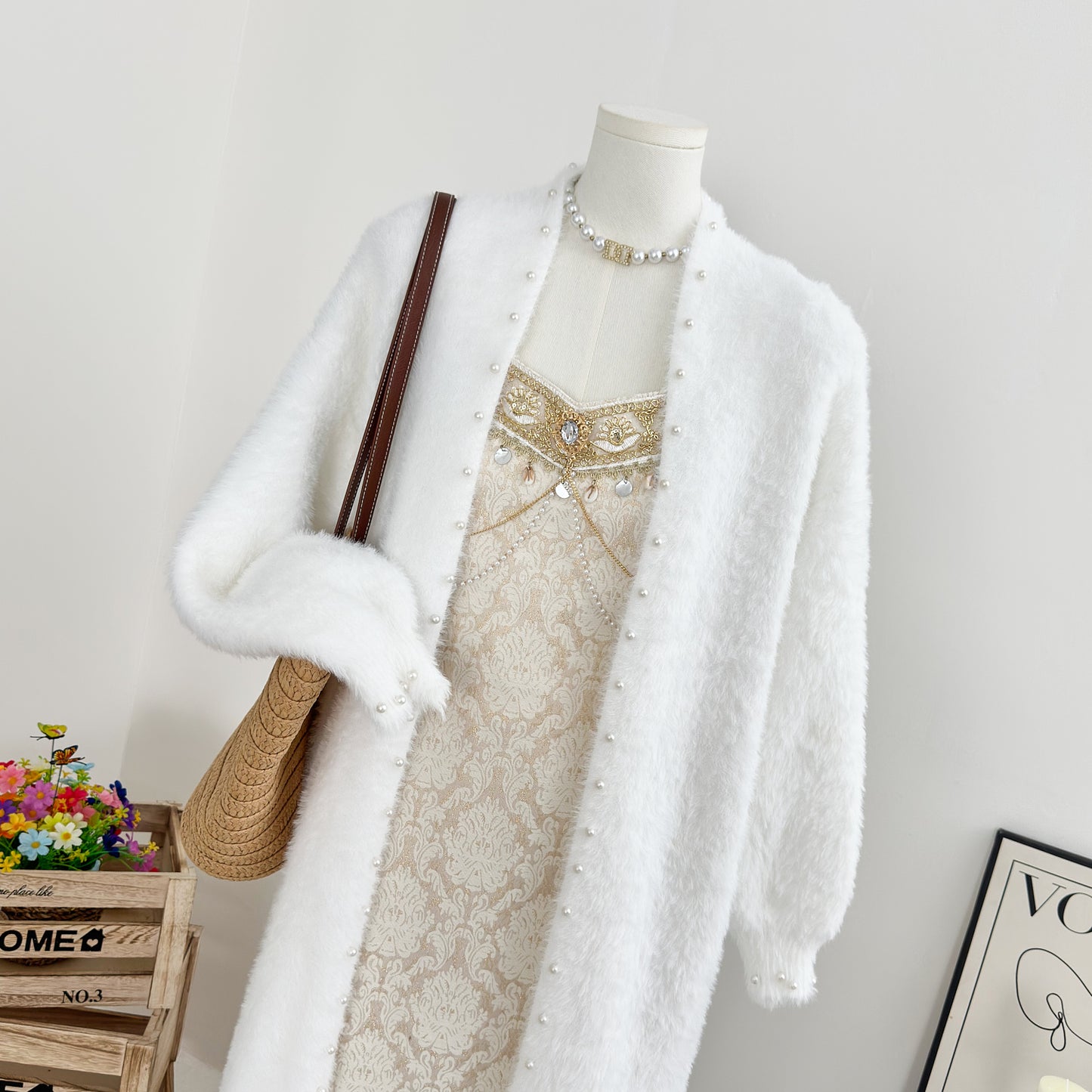 White Cardigan + Spaghetti Beaded Elegant Dress