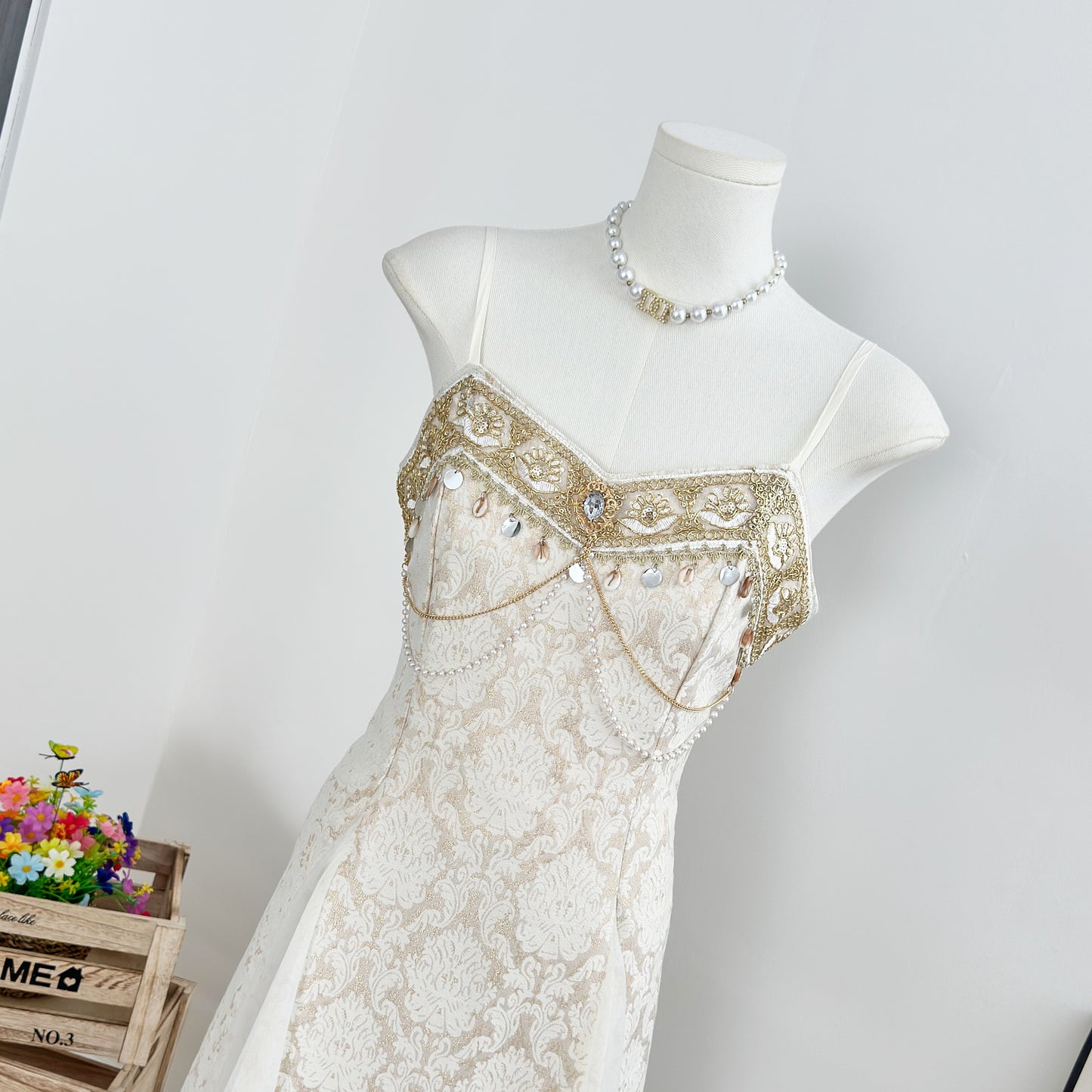 White Cardigan + Spaghetti Beaded Elegant Dress
