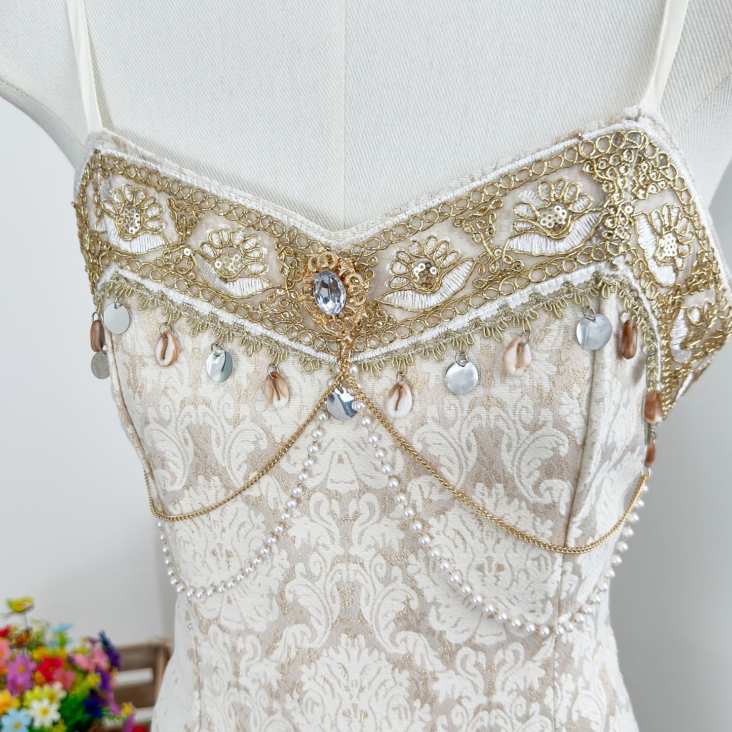 White Cardigan + Spaghetti Beaded Elegant Dress