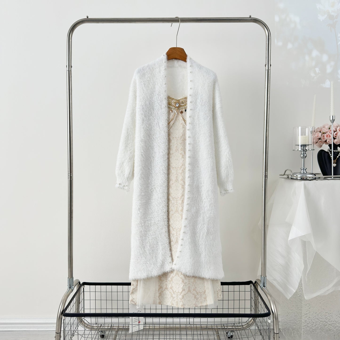 White Cardigan + Spaghetti Beaded Elegant Dress