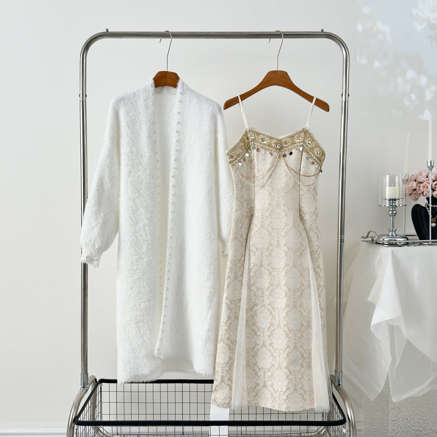 White Cardigan + Spaghetti Beaded Elegant Dress