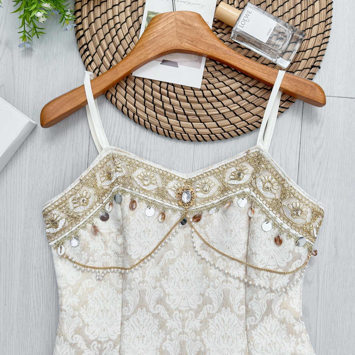 White Cardigan + Spaghetti Beaded Elegant Dress