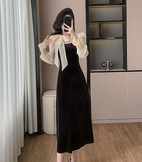 Black Pearl Bow Sweet Lady Long Slim A-line Velvet Dress