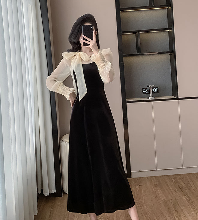 Black Pearl Bow Sweet Lady Long Slim A-line Velvet Dress