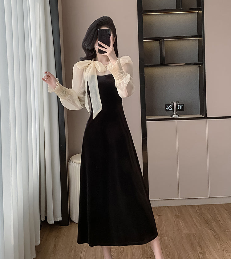 Black Pearl Bow Sweet Lady Long Slim A-line Velvet Dress