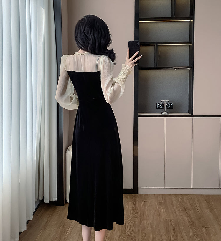 Black Pearl Bow Sweet Lady Long Slim A-line Velvet Dress