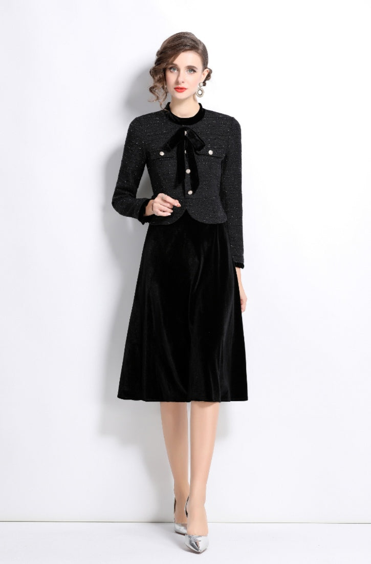 Black Fake Two Pieces Cotton Tweed Top Stitching Velvet Fashionable Dress