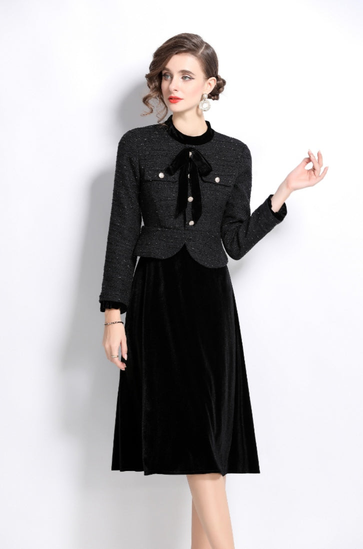 Black Fake Two Pieces Cotton Tweed Top Stitching Velvet Fashionable Dress
