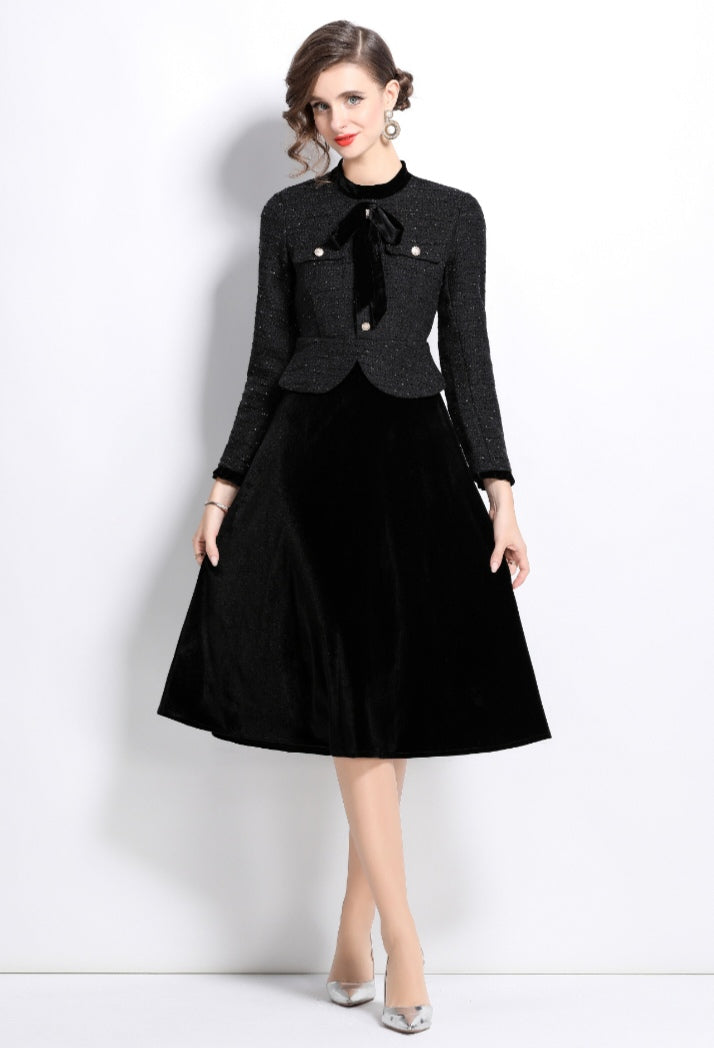 Black Fake Two Pieces Cotton Tweed Top Stitching Velvet Fashionable Dress