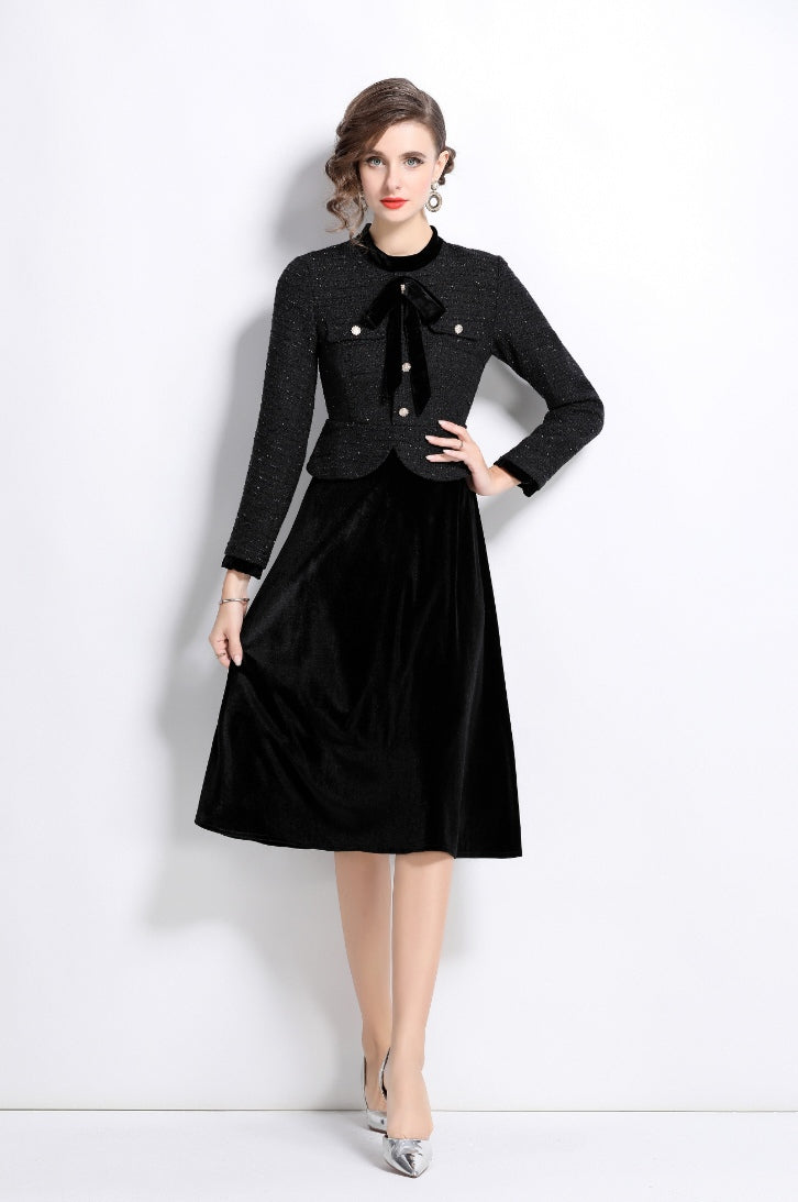 Black Fake Two Pieces Cotton Tweed Top Stitching Velvet Fashionable Dress