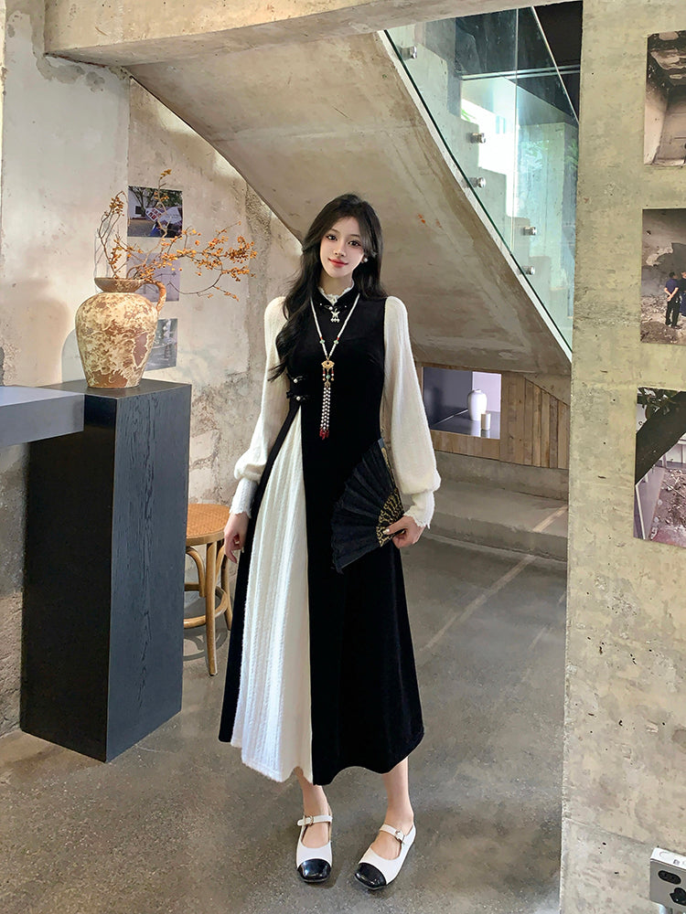 Large Size Black Stitching White Mid-length Dress