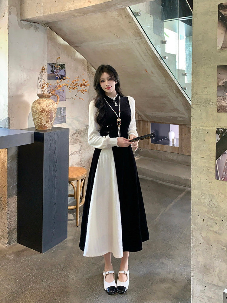 Large Size Black Stitching White Mid-length Dress