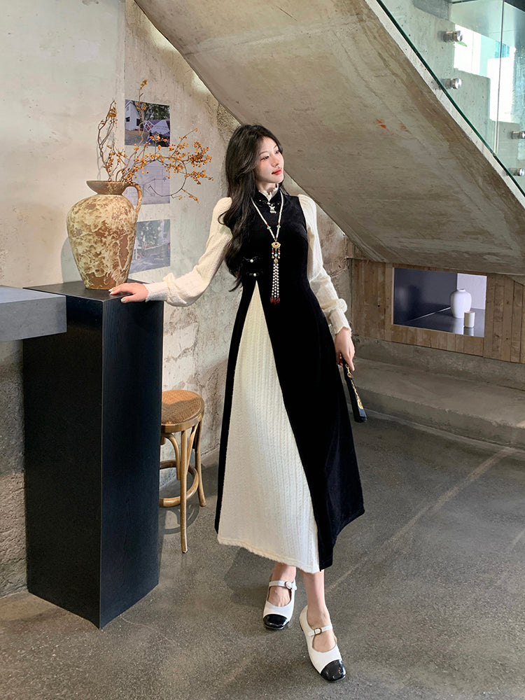 Large Size Black Stitching White Mid-length Dress