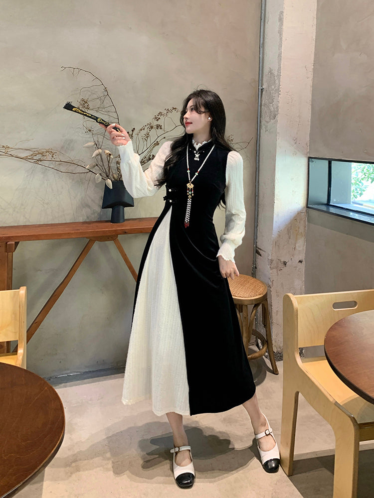 Large Size Black Stitching White Mid-length Dress
