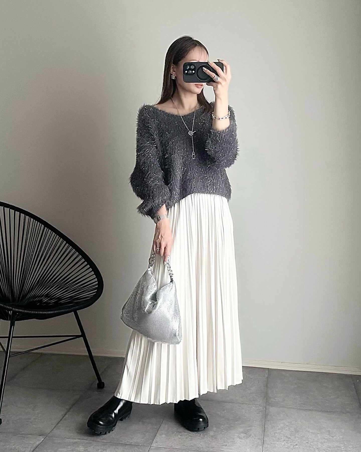 Grey Shiny V-neck women's Sweater