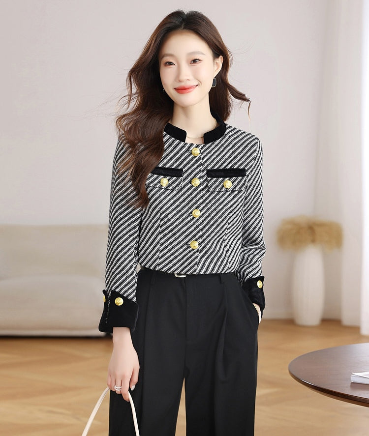 Black and White Tweed Office Blazer - Ladies' Cropped Coat with Velvet Cuffs