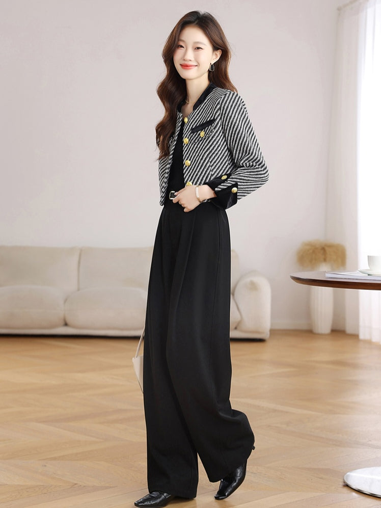 Black and White Tweed Office Blazer - Ladies' Cropped Coat with Velvet Cuffs