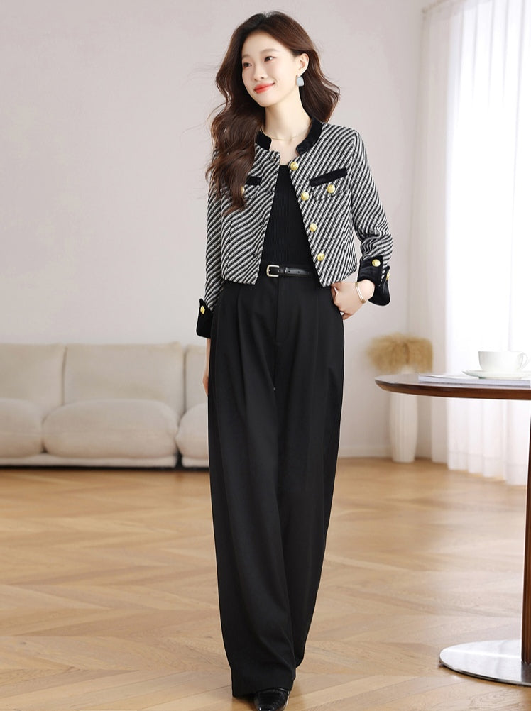 Black and White Tweed Office Blazer - Ladies' Cropped Coat with Velvet Cuffs