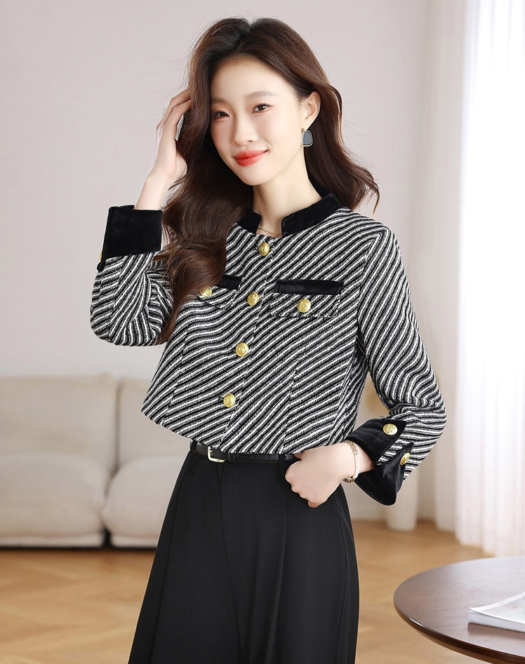 Black and White Tweed Office Blazer - Ladies' Cropped Coat with Velvet Cuffs