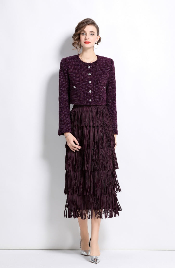 Purple Cotton Tweed Jacket + Skirt Two Pieces Suit Set